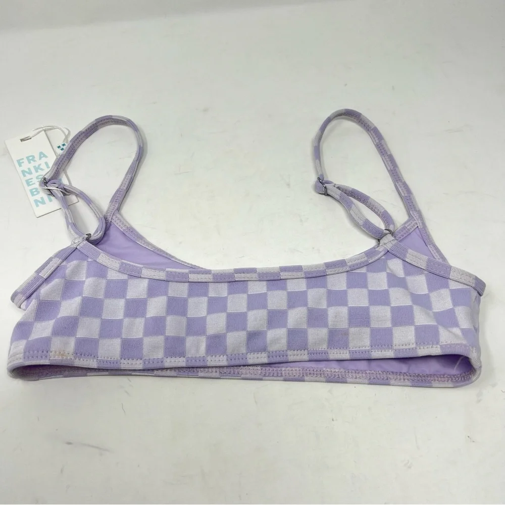 NWT Frankie’s Bikinis Dallas Check Grid Jacquard Purple Bikini Top Size XS